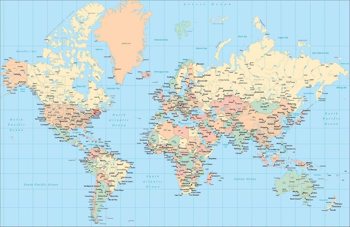世界地図上のボストンの位置